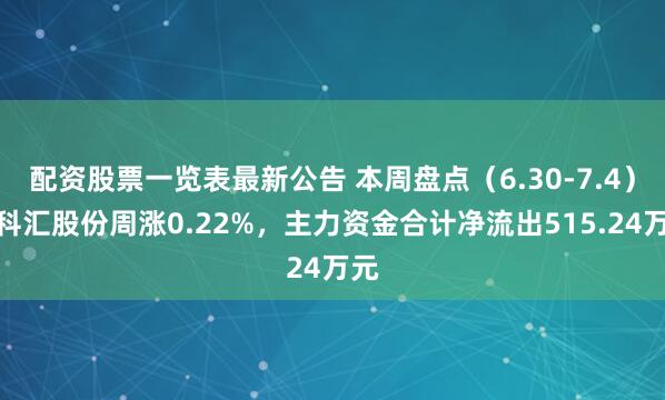配资股票一览表最新公告 本周盘点（6.30-7.4）：科汇股份周涨0.22%，主力资金合计净流出515.24万元